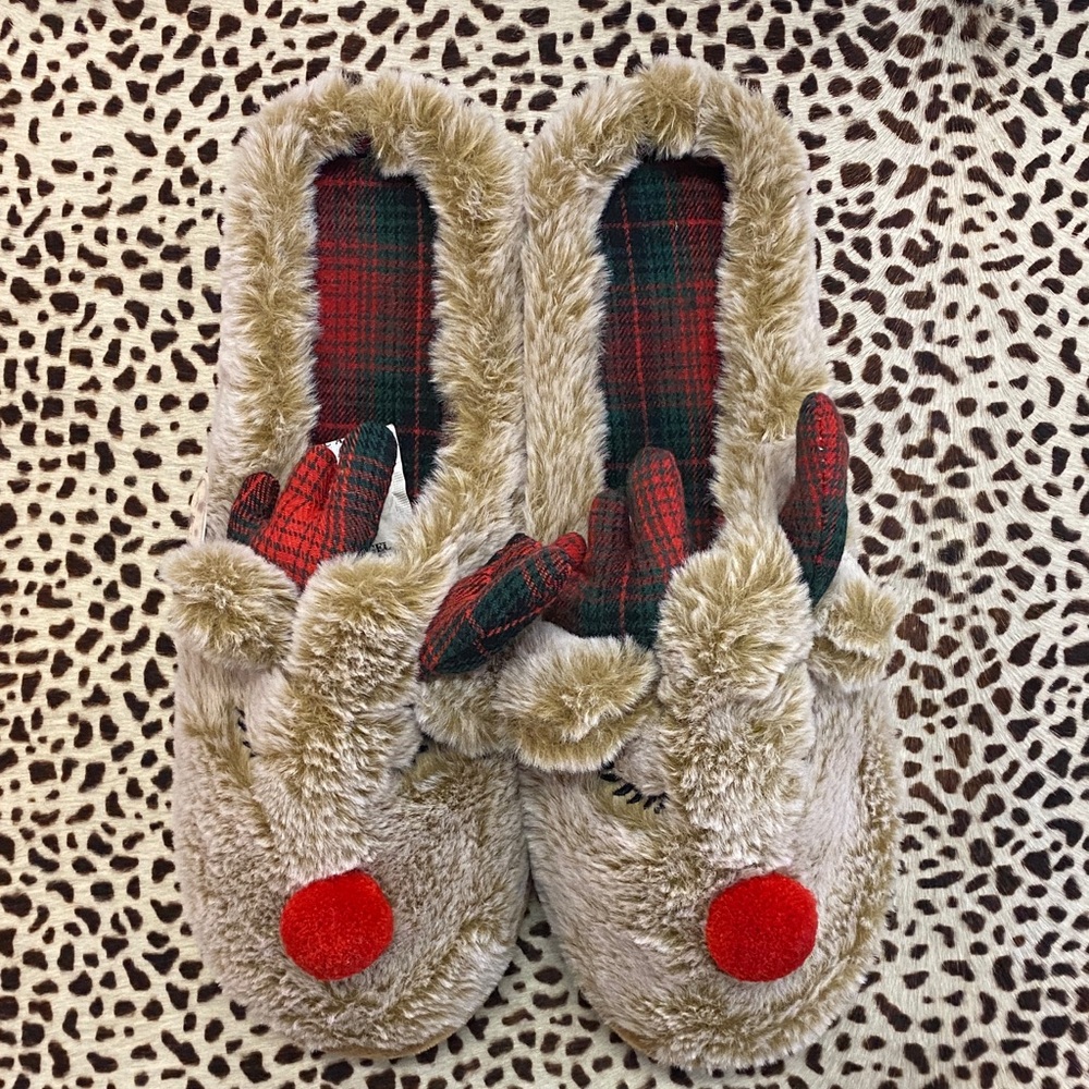 Reindeer Plush Slippers with Red Nose NWT